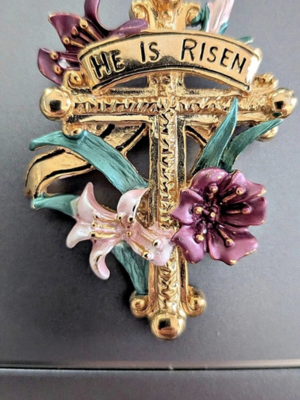 Floral Cross Brooch in Gold & Purple L